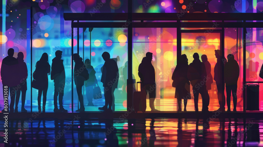 a depiction of commuters of different cultures and backgrounds gathered ...