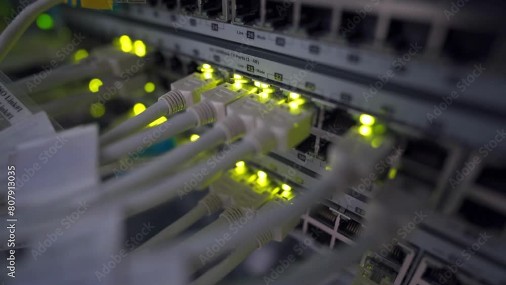 Server Room Of High Tech Internet Data Center. wire Cables Connecting ...