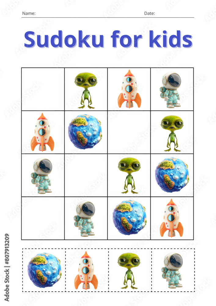 Space Sudoku game for kids with pictures. A task sheet for children. Developing logic, an educational game.