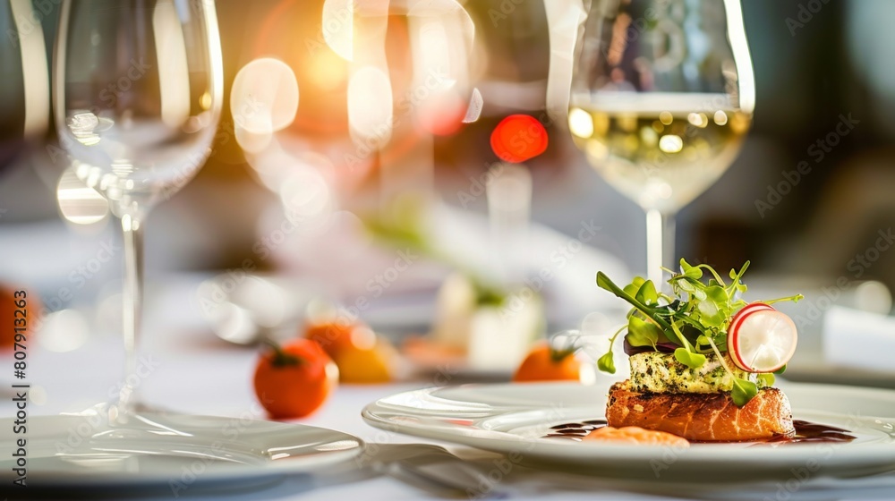 A white plate holds a piece of fish beside a glass of wine A white plate holds a piece of fish beside a glass of wine