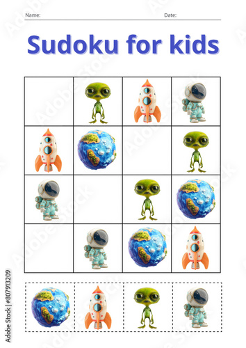 Space Sudoku game for kids with pictures. A task sheet for children. Developing logic, an educational game. © EvaMur