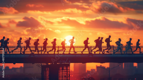 a depiction of silhouetted runners crossing a bridge during a dawn marathon  their figures outlined against the backdrop of the awakening city  symbolizing the resilience 