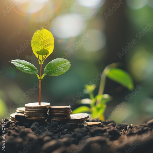 investing growth marketing analyzing stocks charts, money coin, green plant growing