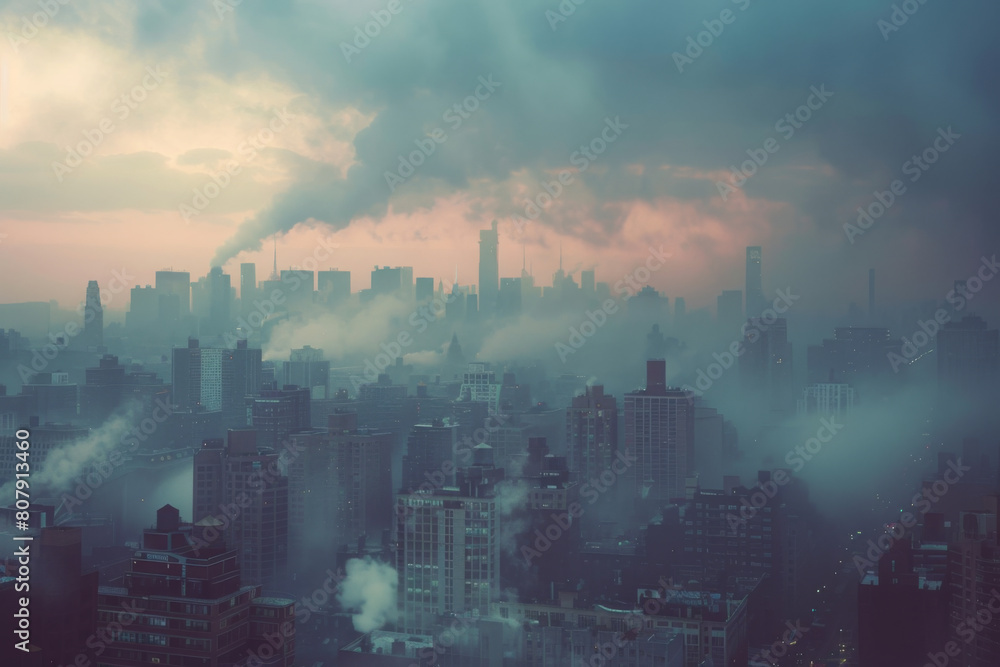 Misty Cityscape at Dawn with Industrial Smoke and Glowing Lights
