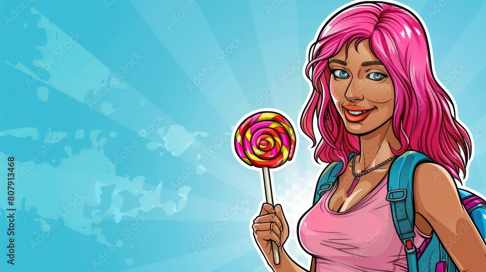 A carefree positive teenager poses on an abstract blue background, wearing trendy hipster clothes, holding a lollipop with a smile on her face. Cartoon modern illustration of a young woman wearing A carefree positive teenager poses on an abstract blue background, wearing trendy hipster clothes, holding a lollipop with a smile on her face. Cartoon modern illustration of a young woman wearing