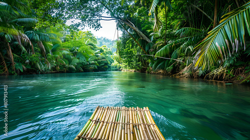 Bamboo Rafting on the Martha Brae River, a popular tourist attraction in Jamaica.ai generative