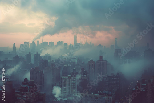 Misty Cityscape at Dawn with Industrial Smoke and Glowing Lights 