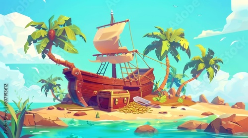 Cartoon cartoon illustration of a pirate ship a docked on an island with treasure. A chest of gold and shovel under intertwined lianas, a filibuster loot on a sea beach with palm trees. Scene from an photo