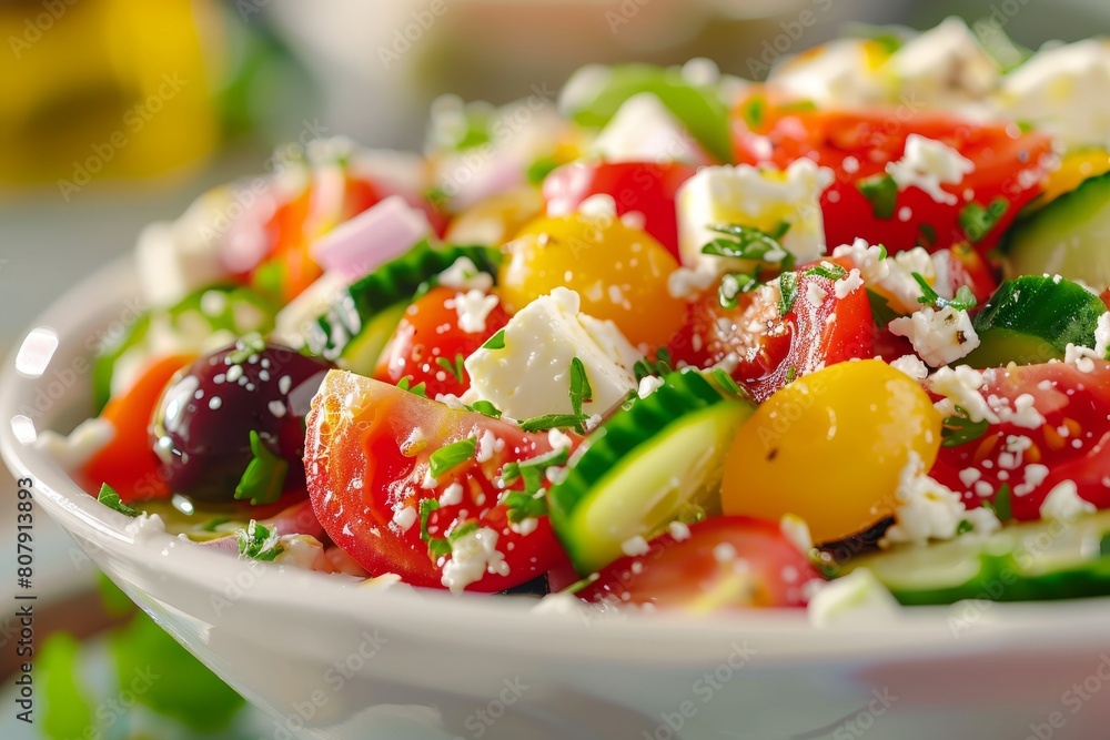 Vibrant Greek salad in a white bowl, featuring fresh vegetables, feta cheese, olives, and dressing