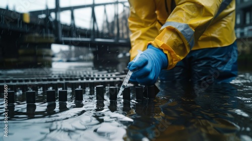  A closeup of a scientist taking water samples from the river in front of black, grey and white wooden slats with metal edges