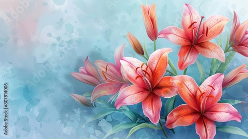 illustration of lily flowers in pink  red  and orange hues on a blue background