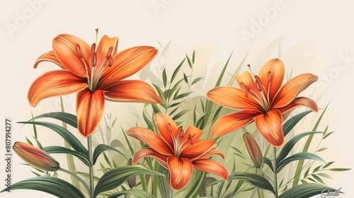 illustration of lily flowers in various shades of orange and red, with green leaves, on a isolated background