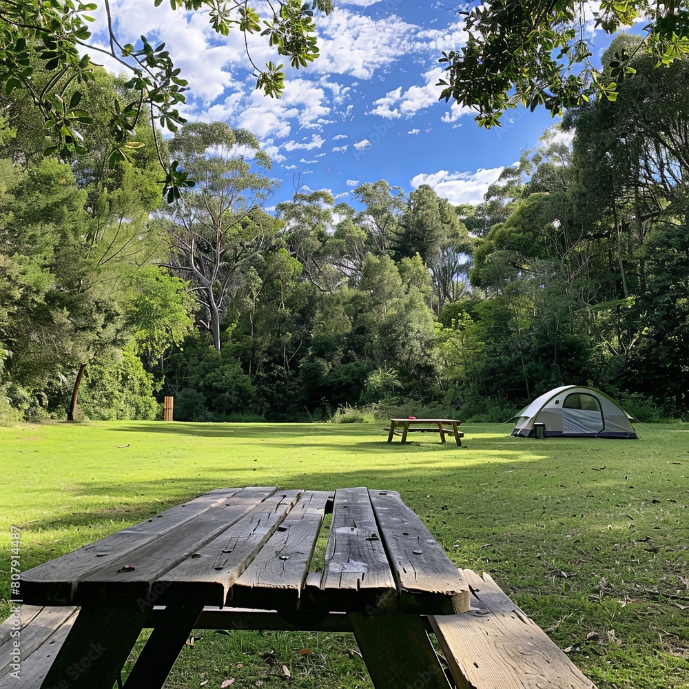 Serene Campsite with Tent and Wooden Table in Lush Park Serene Campsite with Tent and Wooden Table in Lush Park