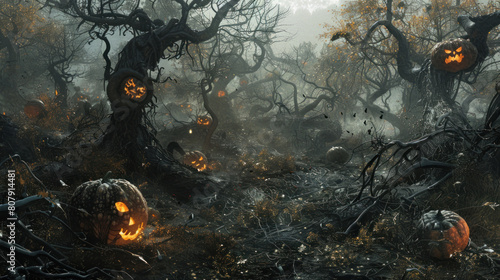 a haunting depiction of an eerie glade nestled within a sinister forest, where malevolent pumpkins with glowing eyes leer from atop lifeless branches, infusing the scene 