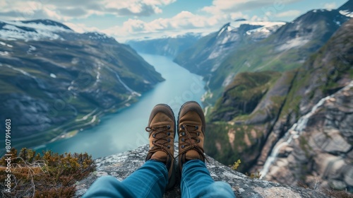 Mountains view lake river fjord Hiking hiker traveler couple landscape adventure nature sport background panorama Feet with hiking shoes from a woman standing resting on top of a high hill or rock 