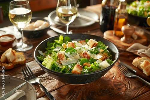 A medium photo of a rustic wooden table set with a large bowl of Caesar salad
