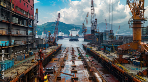 a panoramic view of a shipyard, with dry docks and gantry cranes towering over vessels in various stages of construction and repair, illustrating the maritime industry's role  photo