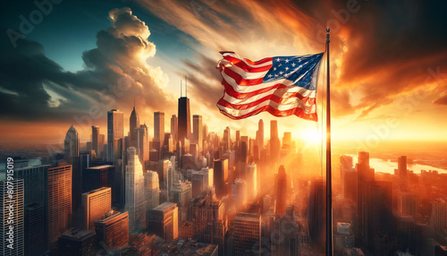 An American flag waving proudly against a backdrop of a bustling city skyline during sunset