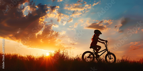 A man rides a bicycle on the road at sunset sky background.  © sami