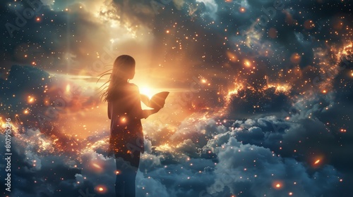 A woman walking down a The sky is cloudy. path towards a bright light. Illumination concept and finding God 