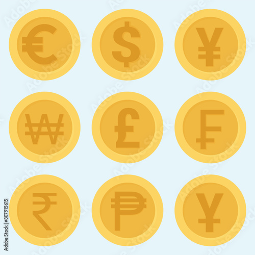 Set of gold coins with currency symbols