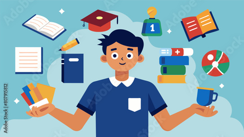 A student attending a college fair eagerly collecting information and free swag from different universities but also feeling anxious about the. Vector illustration