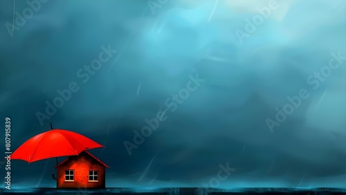 Home insurance symbolized by a house under an umbrella for protection. Concept Home Insurance, Protection, Safety, House Ownership, Property Coverage photo