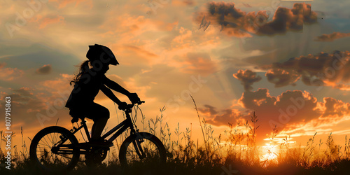 Silhouette of evening biker. Sunset shadow of cycling man.  © sami