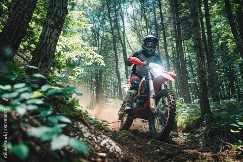 A man riding a dirt bike on a forest trail surrounded by dense trees