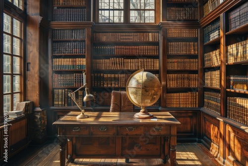 An old library room featuring a globe on a wooden desk surrounded by leatherbound books on bookshelves photo