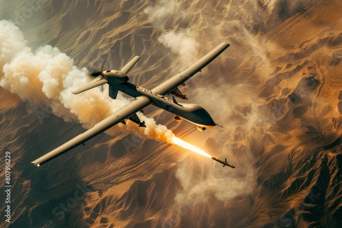 A combat drone firing a missile a plume of smoke trailing as it streaks towards a ground target photo