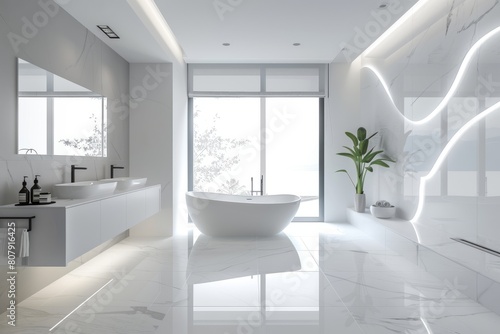 A contemporary bathroom with white marble tiles, showcasing a spacious tub and sink