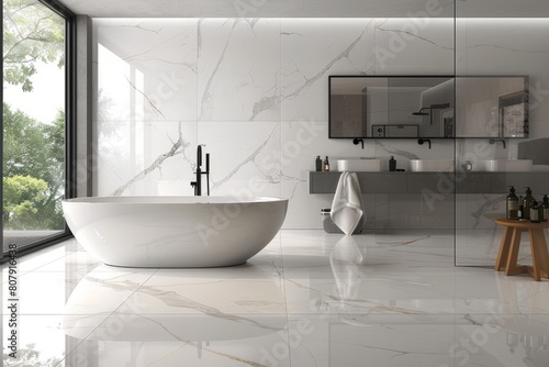 A modern bathroom with a large white bathtub positioned next to a window  surrounded by sleek white marble tiles