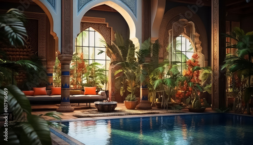 A beautiful, ornate pool area with a large fountain and a couch