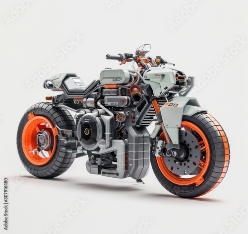  sci-fi motorcycle  orange and white on a white background