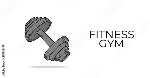 Fitness gym logo with heavy dumbbell with round cylindrical handle. Sport tool, fitness equipment isolated on white background. Poster with dumbbell. Motivational banner for sport and powerlifting
