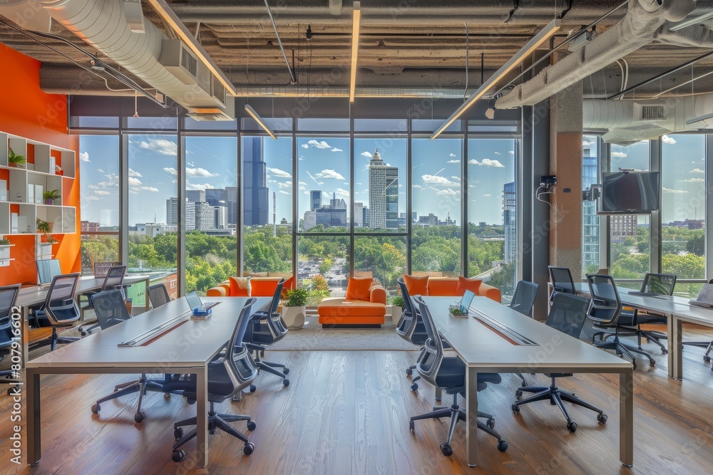Spacious office with large windows providing a view of the city skyline, filled with natural light