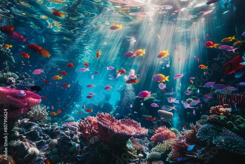 A wide shot of a colorful school of tropical fish swimming near coral in a bustling aquarium