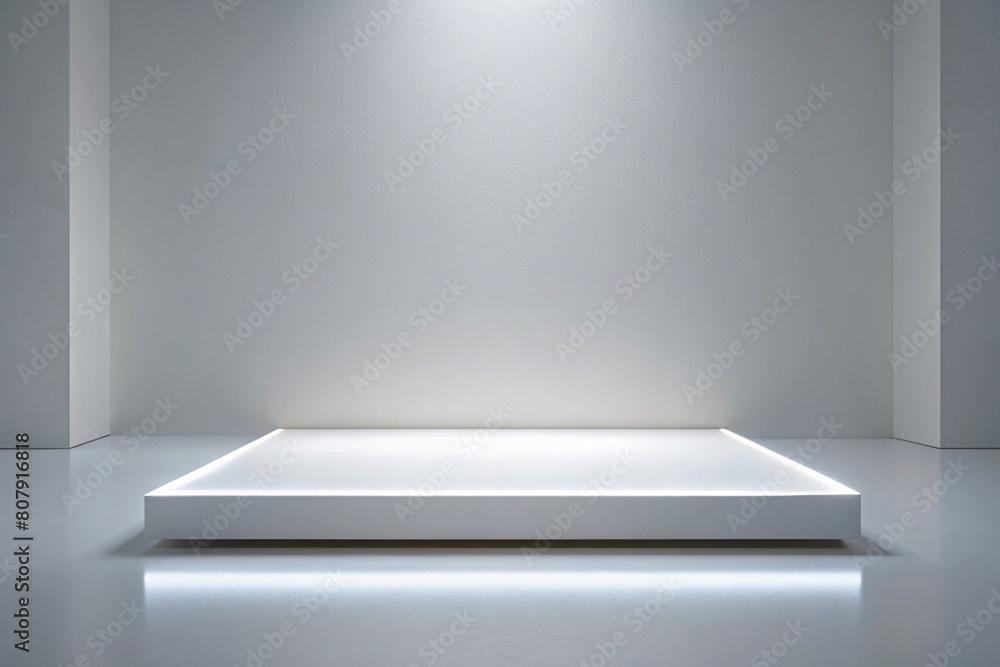 Minimalist White Platform. A clean, white podium with minimalist design, accented by soft LED lighting. Minimalist White Platform. A clean, white podium with minimalist design, accented by soft LED lighting.