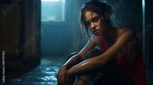 Young brunette sitting in the rain inside like in horror or thriller movie; facing to the screen