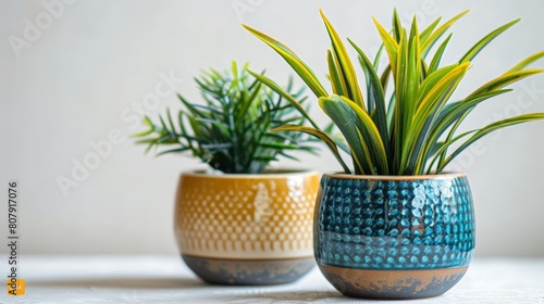 indoor decorative plants in blue and yellow vases sit on a transparent background against a white wall © YOGI C