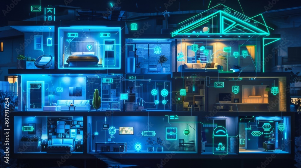  A digital rendering of an illuminated smart home interior with holographic illustrations showing various energy aboards and security systems, all connected by blue glowing lines