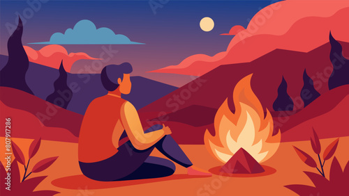 Amid the fires warmth and gentle heat a thinker embraces the fragility and beauty of life.. Vector illustration