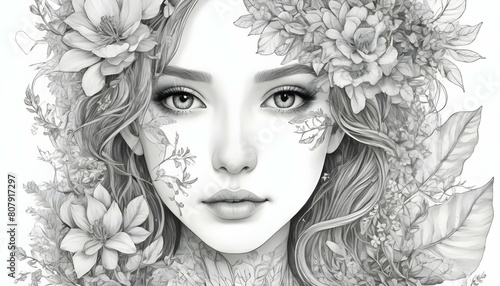 Illustrate a girls face in a botanical inspired l