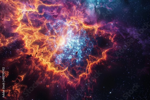 A hyper-realistic close-up of a supernova remnant, emphasizing vibrant colors and intricate details, suitable for a wallpaper