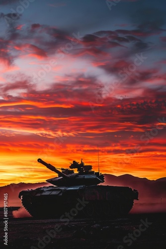 A lone M1 Abrams silhouetted against a fiery desert sunrise, panoramic view