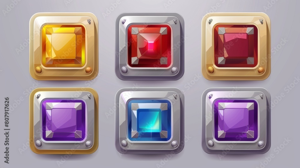 Isolated on a purple background are empty square silver and gold rank frames in medieval style for game UI design. The border is metal thin with gems and buttons are red and purple. Isolated on a purple background are empty square silver and gold rank frames in medieval style for game UI design. The border is metal thin with gems and buttons are red and purple.
