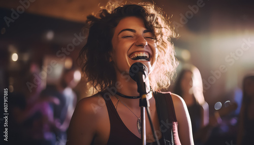 A woman is playing a guitar and singing in front of a crowd photo