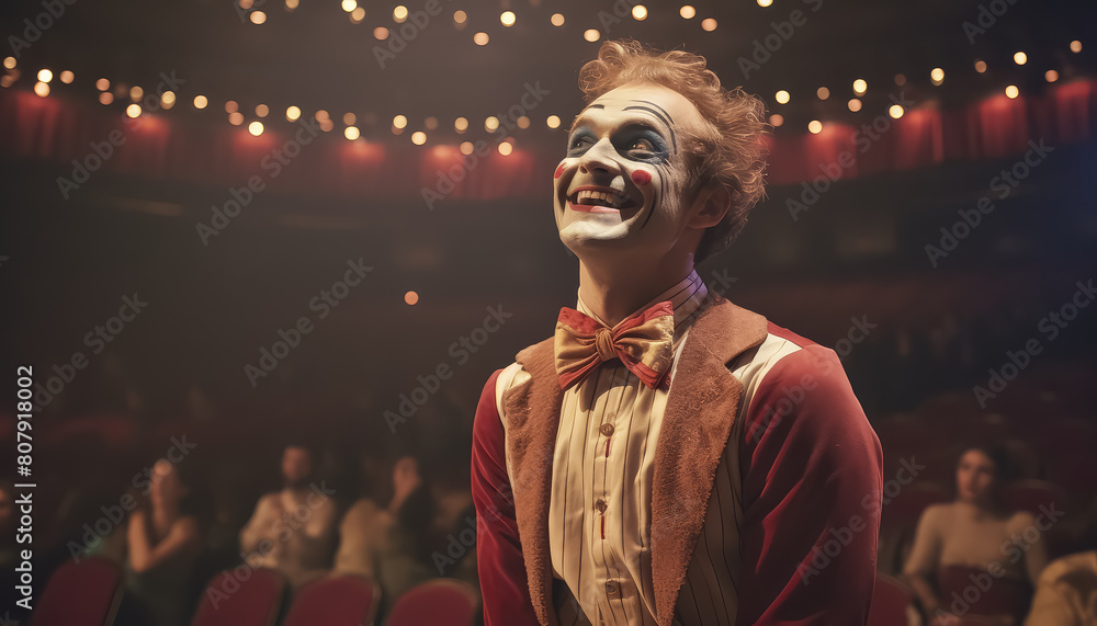 A man is smiling in a theater with a crowd of people watching him