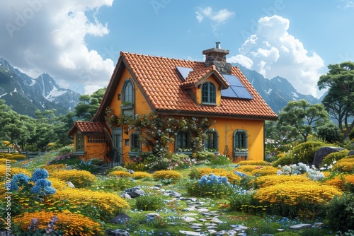 A detached, realistic miniature house in a natural theme among the warming atmosphere from the sun, the environment, and the colorful flowers.